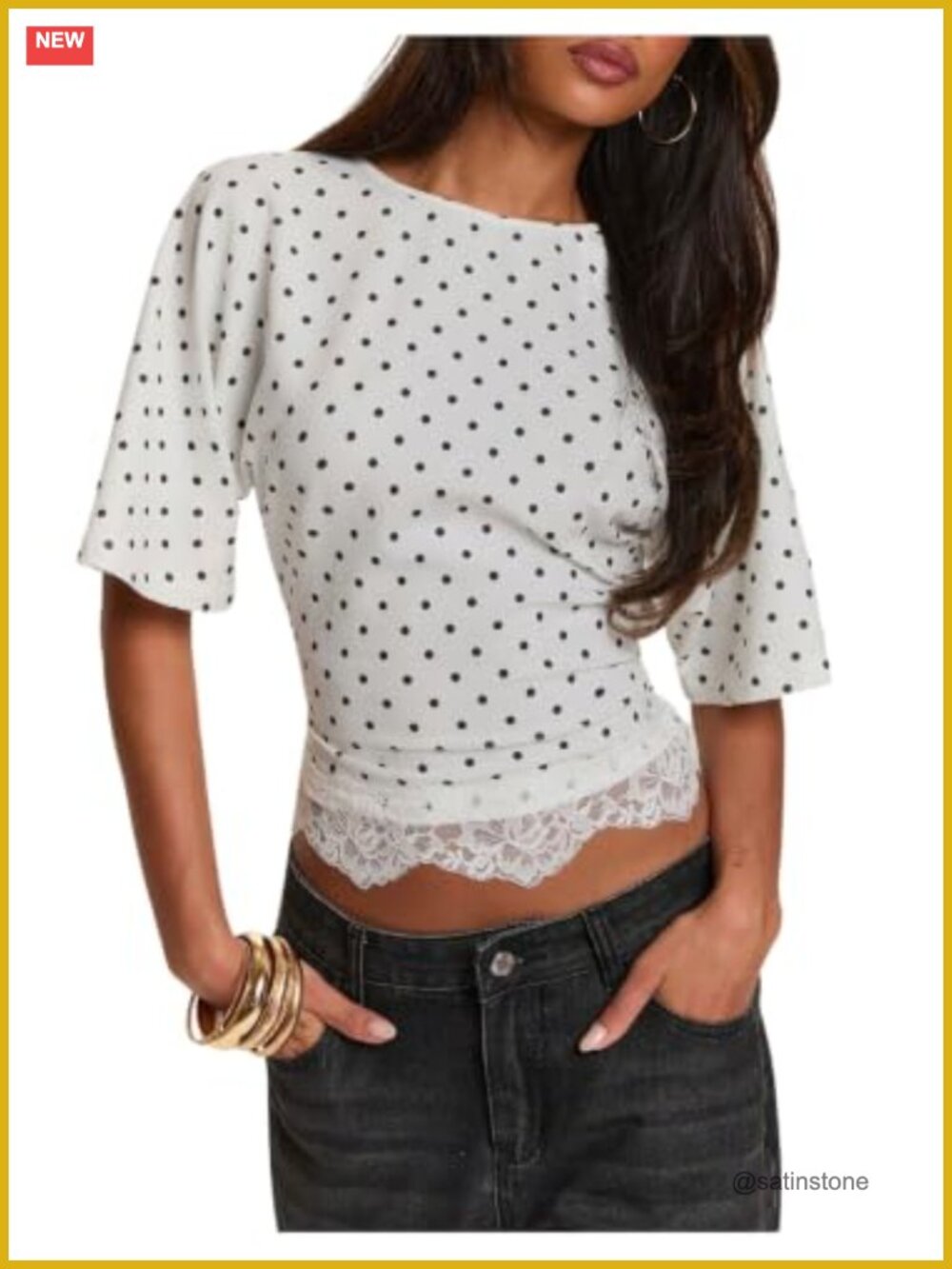 Women's Polka Dots Lace Trim Half Sleeve Cinched Waist Crop Top Y2K
